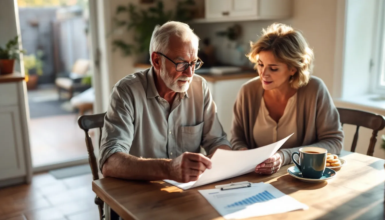 An elderly couple sits at their kitchen table, carefully reviewing retirement financial documents that include information about variable annuities and payment plans. The atmosphere is focused and thoughtful as they discuss their future financial security and the nature of their annuity contracts.