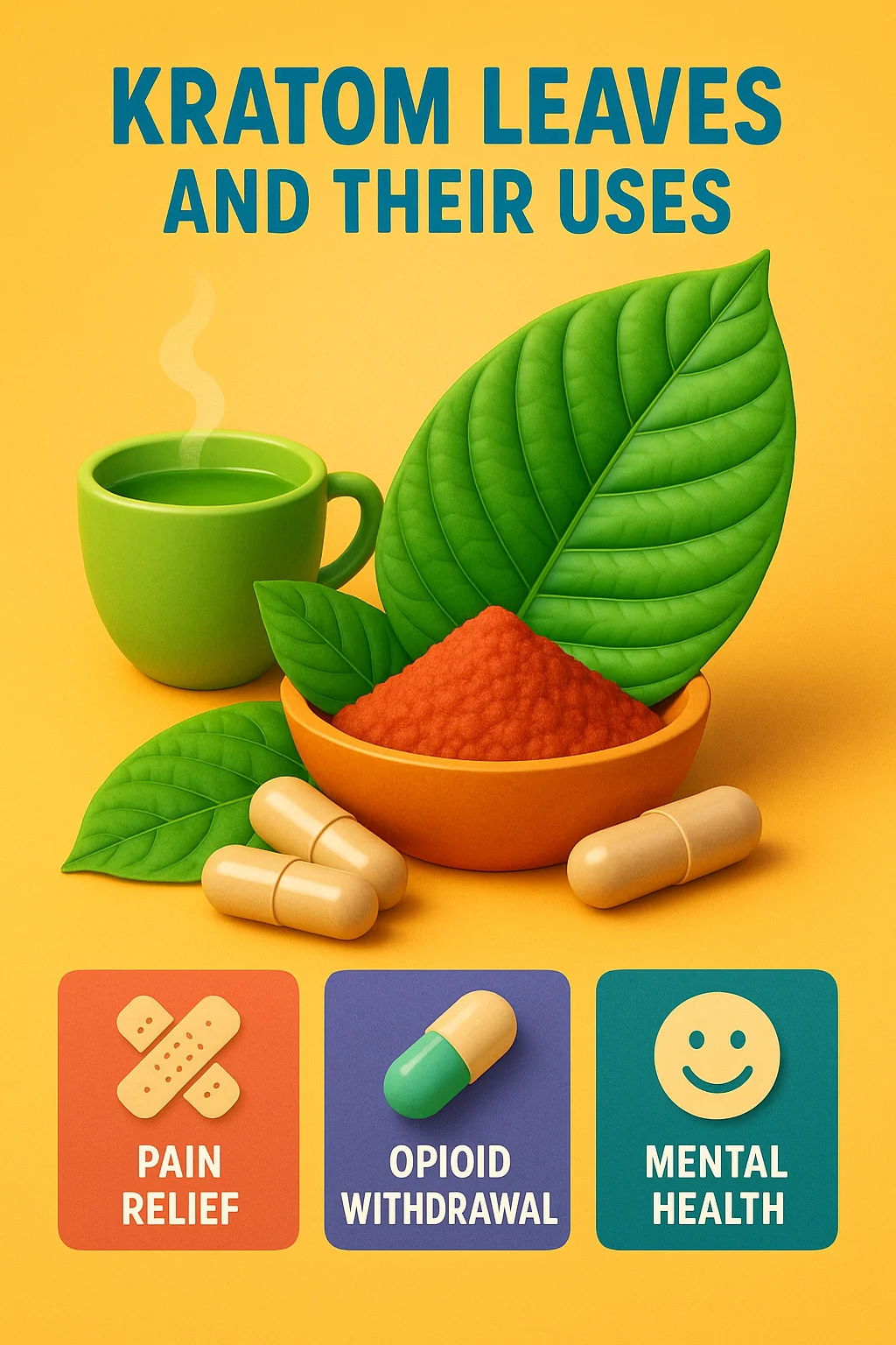 What are the Health Benefits of Using Kratom? 2 "Infographic on kratom leaves and their uses, showing benefits for pain relief, opioid withdrawal, and mental health."