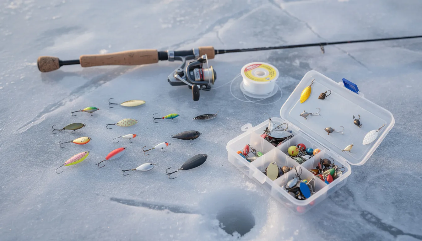 Na lodzie rozłożony jest zestaw wędkarski do łowienia ryb zimą, zawierający mormyszki i błystki podlodowe. W tle widać zamarzniętą wodę, co wskazuje na okres zimowy, kiedy ryby, takie jak leszcze, karpie czy szczupaki, mogą być aktywne w poszukiwaniu pokarmu.