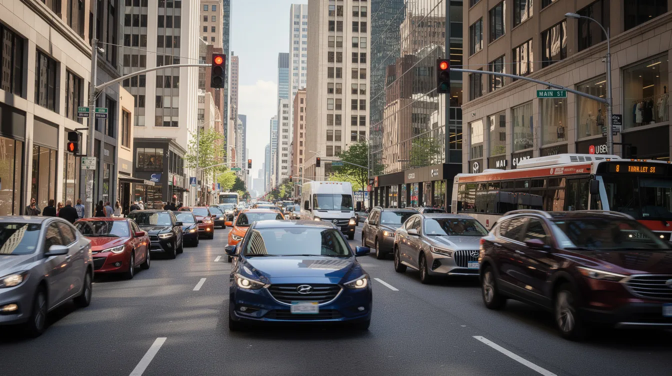En la imagen se pueden ver diferentes tipos de automóviles circulando por una calle urbana concurrida, donde los vehículos se desplazan entre edificios y semáforos. Esta escena refleja la vida cotidiana de los conductores, quienes deben considerar aspectos como el seguro de auto y la responsabilidad civil en su planificación.
