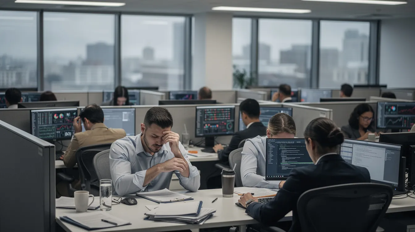 The image shows a group of office workers at their computer workstations, appearing stressed and overwhelmed with their tasks. This scene reflects the challenges faced in a busy dental practice, where billing tasks and insurance claims can create an administrative burden that impacts patient care and practice revenue.