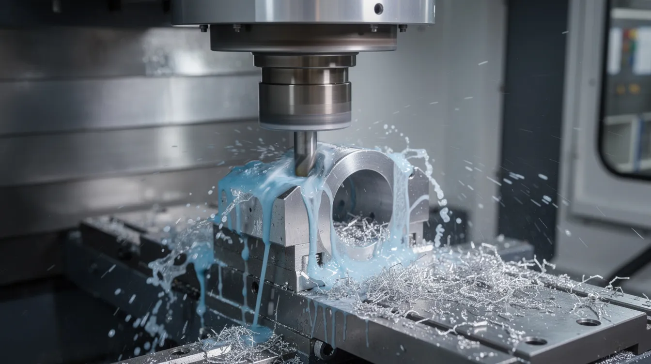 The image depicts a CNC milling machine precisely cutting a metal component made from ductile iron, with a stream of coolant flowing over the workpiece to enhance machining efficiency. The scene highlights the intricate process of shaping ductile iron castings, known for their excellent wear resistance and tensile strength.