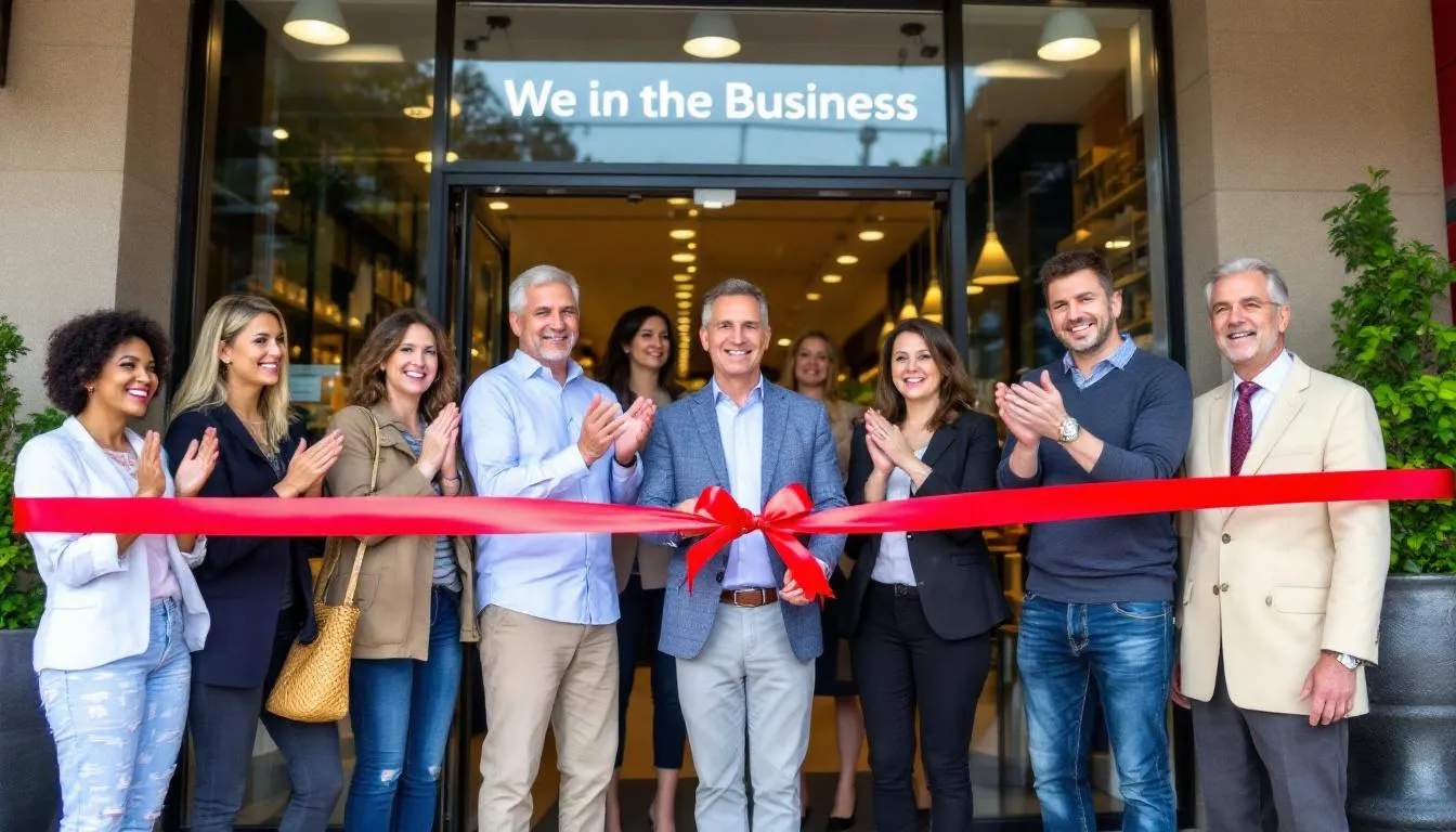 En la ceremonia de inauguración de un negocio, un grupo de asistentes observa mientras se lleva a cabo el corte de cinta, marcando el comienzo de este nuevo evento. La escena está llena de entusiasmo y alegría, con invitados celebrando la apertura de la tienda y compartiendo la experiencia en redes sociales.