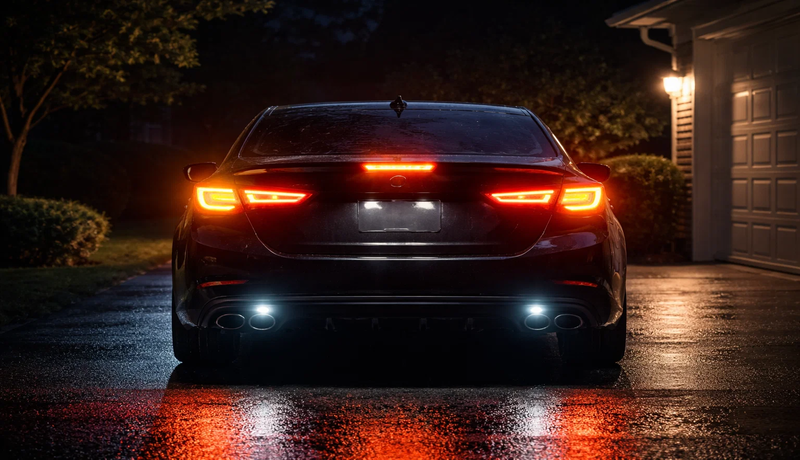 Car tail lights, brake lights, and turn signals illuminated at night for visibility