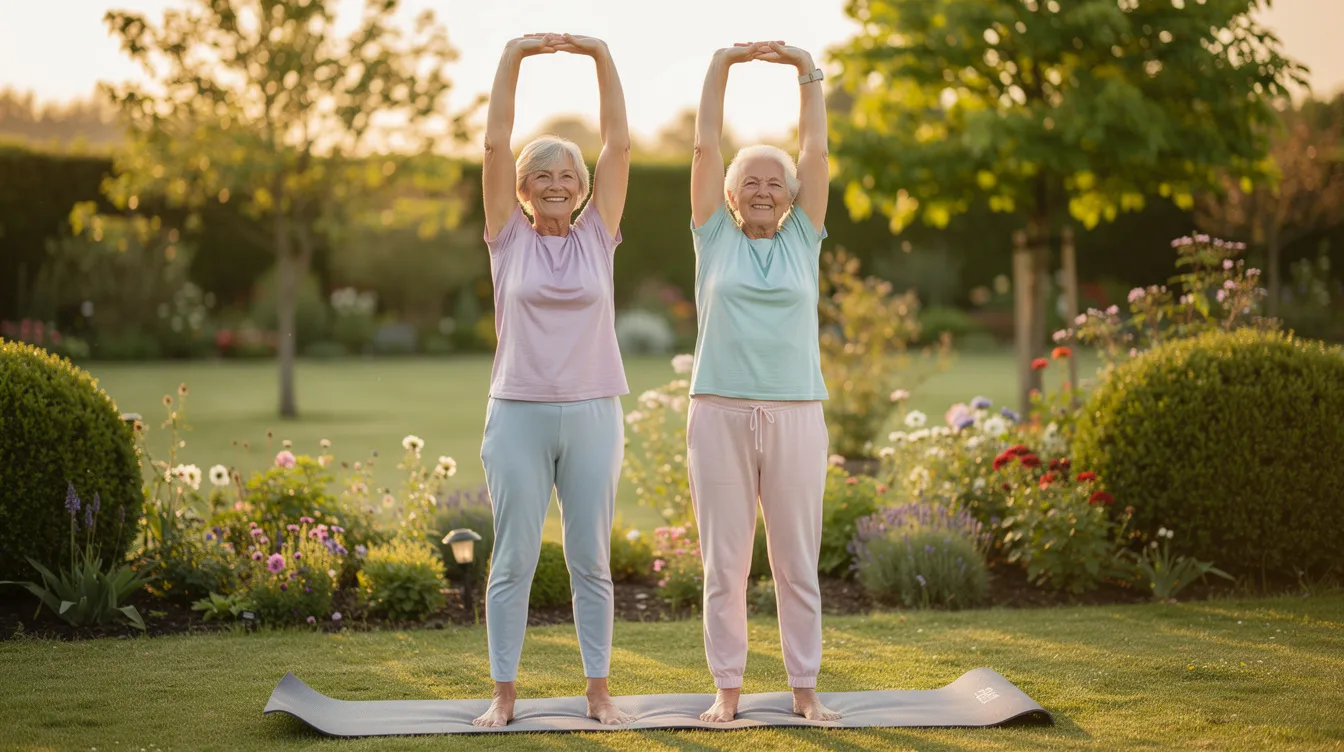 An elderly couple is engaged in gentle stretching exercises together on yoga mats in a serene garden, promoting joint health and flexibility. This peaceful scene highlights the importance of regular movement for older adults to ease joint pain and discomfort, while fostering a healthy lifestyle.