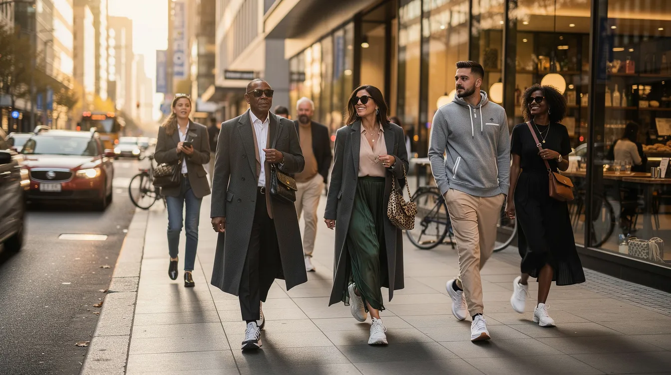 A vibrant street scene captures a diverse group of people dressed in the latest fashion trends, showcasing a variety of styles and silhouettes as they walk through an urban area. The image reflects the influence of pop culture and social movements on contemporary street style, highlighting the dynamic nature of the fashion world.
