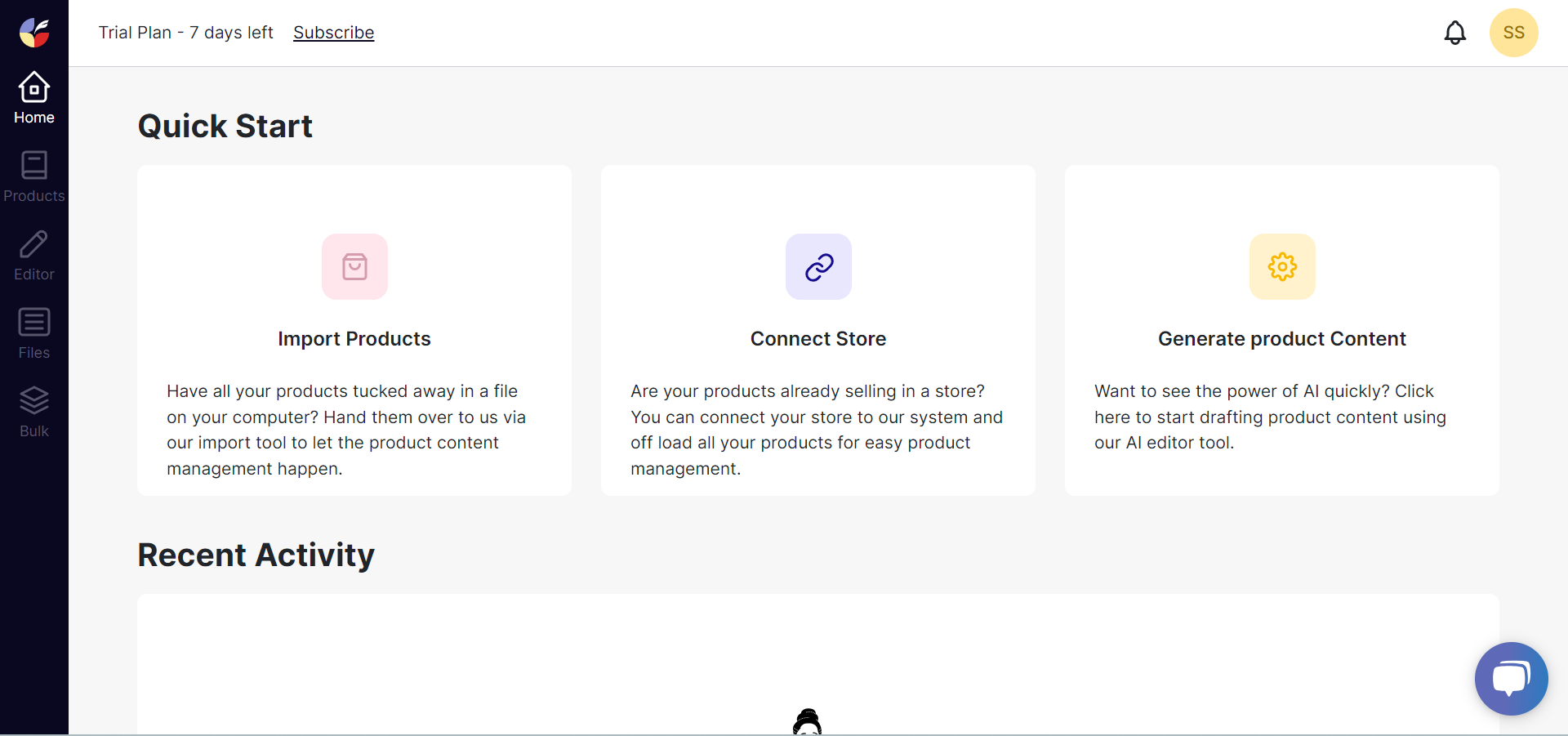 Copysmith Dashboard - Import products, connect store, and generate product content 