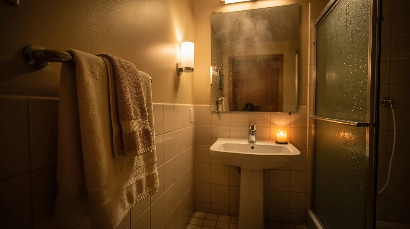 Warm nighttime bathroom with folded towels after an evening shower