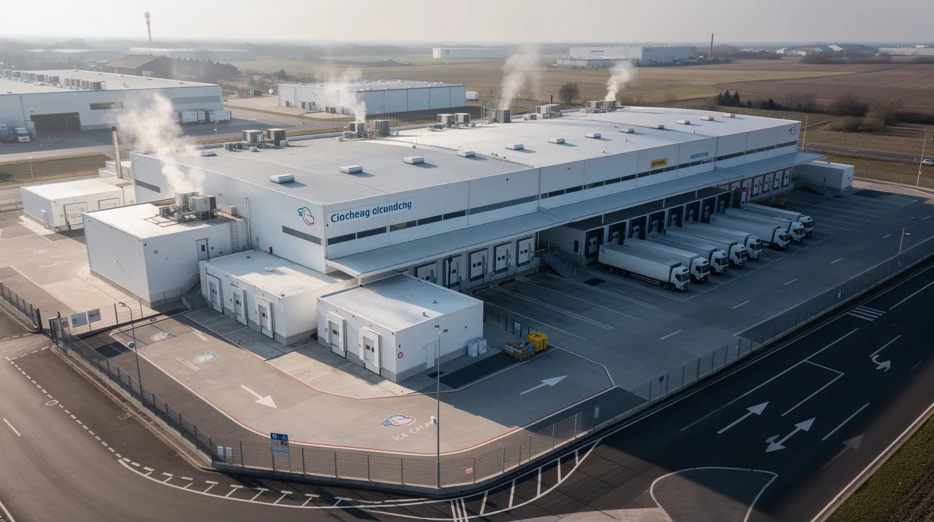 24b84c8c 4b59 456c aa2b 1a8dd897b28d An aerial view of an industrial ice cream manufacturing facility showcases the layout of cold rooms and a refrigerated truck parking area, emphasizing the essential cold chain infrastructure vital for the ice cream industry. This image highlights the operational efficiency and scale of the ice cream manufacturing business, crucial for meeting consumer demand and market trends.