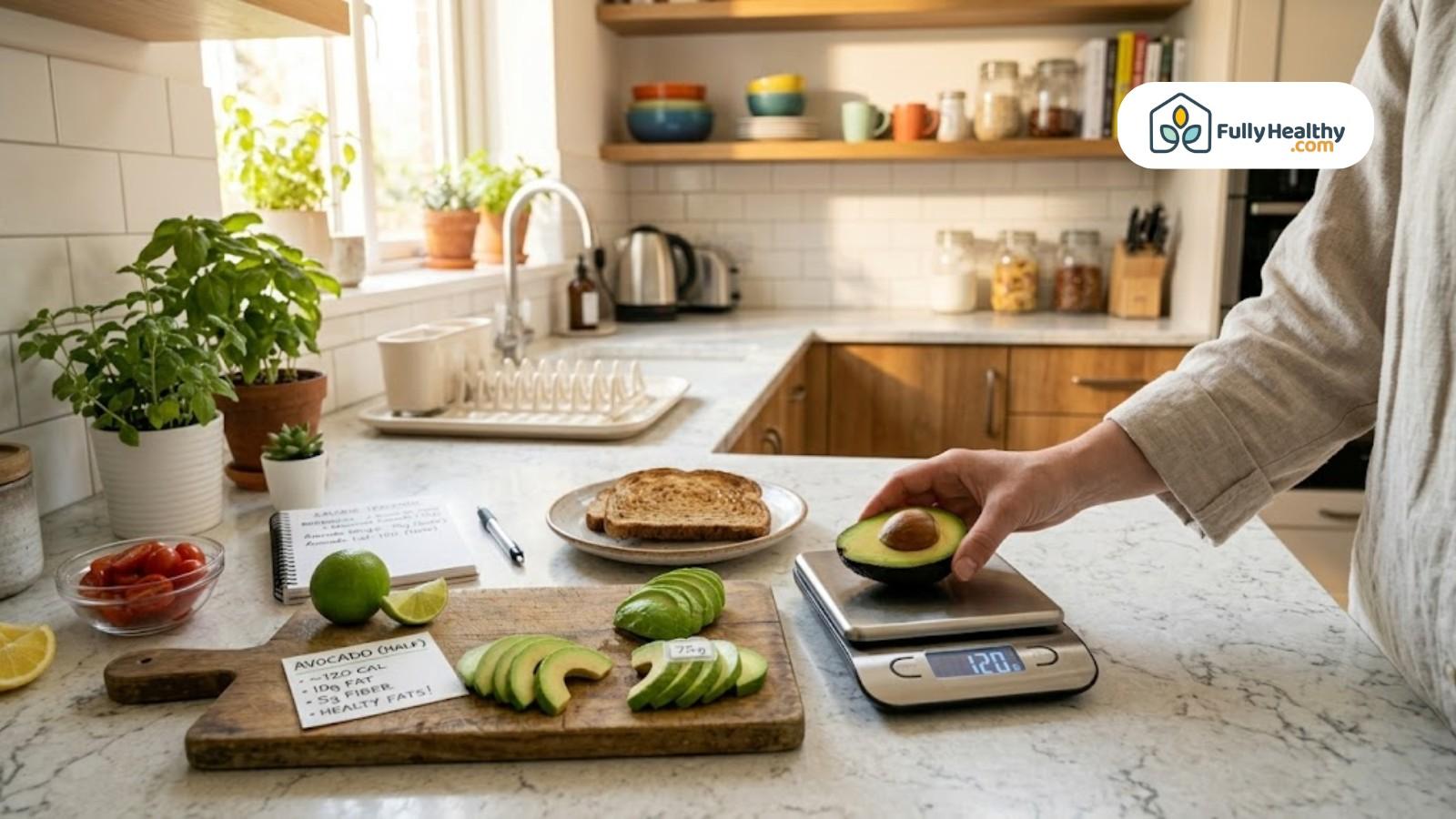 Person placing avocado half on scale while preparing healthy toast meal