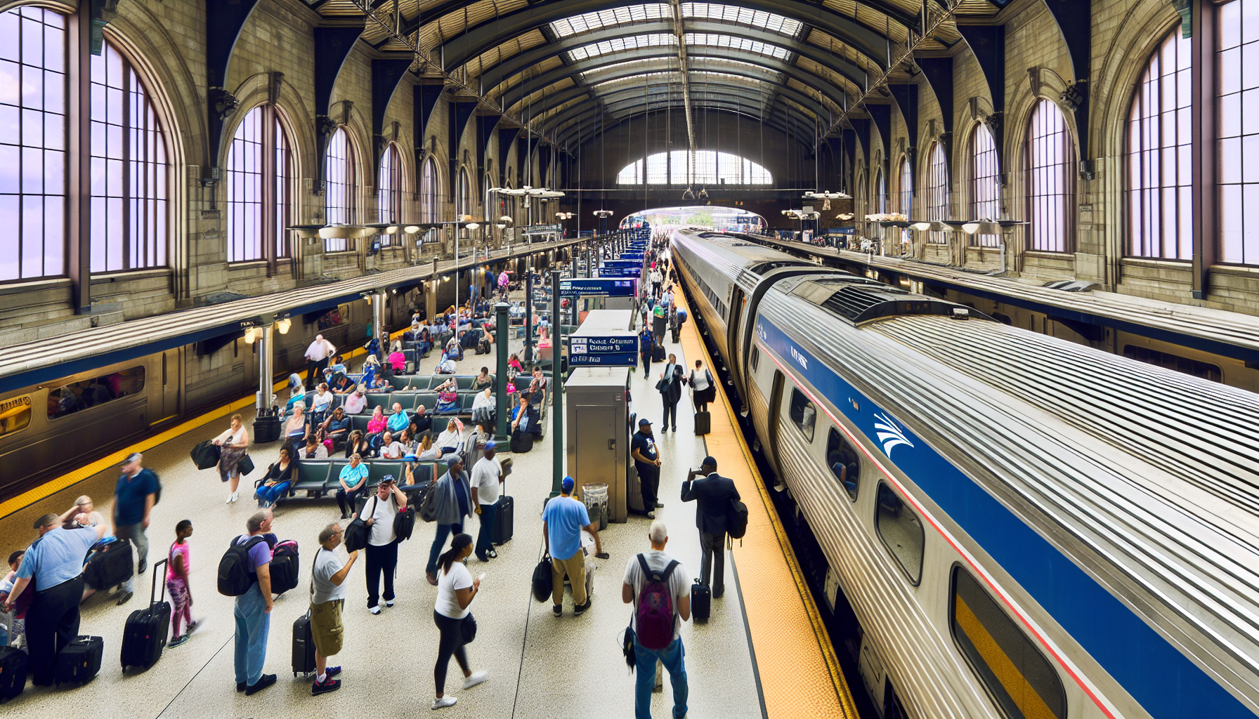 Newark Penn Station platform with passengers boarding the train to Stamford