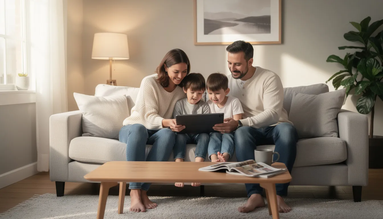 A family is sitting comfortably on a couch in their living room, browsing through a tablet together. They appear engaged in searching for real estate listings, potentially exploring options for their future home using an IDX website or a real estate CRM for lead generation.