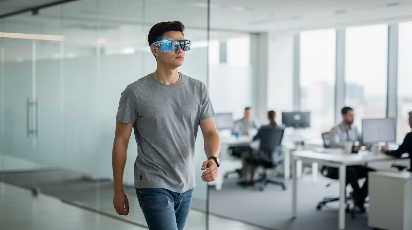 A person wearing lightweight AR smart glasses in a modern office, exemplifying spatial computing in 2026