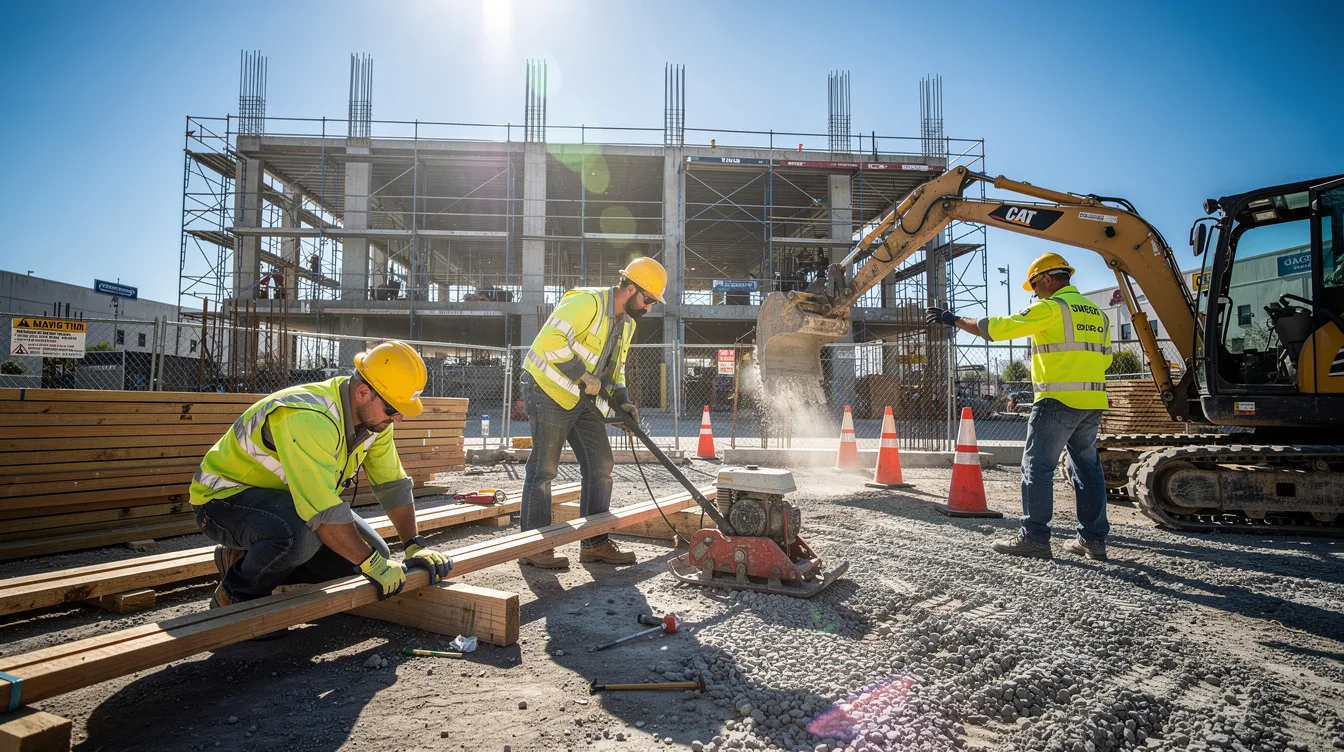 A group of construction workers, dressed in hard hats and high-visibility vests, are actively engaged in their tasks at an outdoor job site under the bright summer sun. The scene highlights the importance of heat illness prevention and protecting workers from heat-related hazards, emphasizing the need for frequent rest breaks and adequate hydration in hot environments.