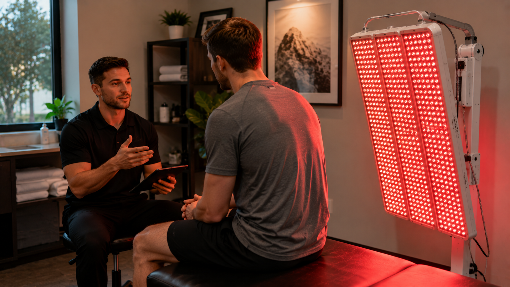 Physical therapist consulting with athlete in a red light therapy recovery room