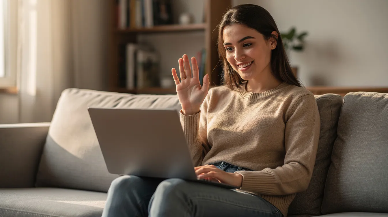 A woman sits on a couch, smiling and waving at her laptop, possibly engaging in a video call or taking an online relationship quiz. The scene reflects a moment of connection that emphasizes the importance of communication and shared interests in building a healthy relationship.