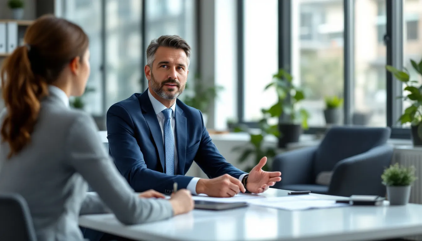 A professional probate lawyer consulting with a client in an office setting.
