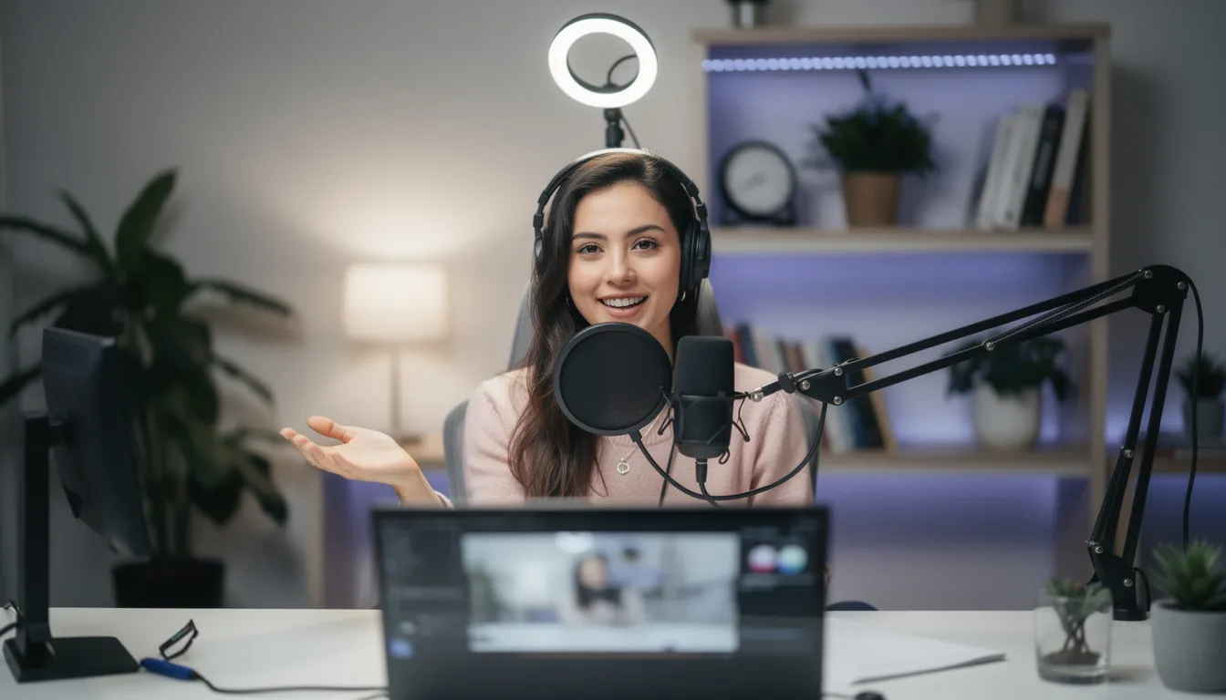 A person is seated in front of a computer, wearing headphones and speaking into a microphone while recording an influencer video. This scene captures the content creation process, highlighting the use of technology and creativity in producing engaging video content for social media.
