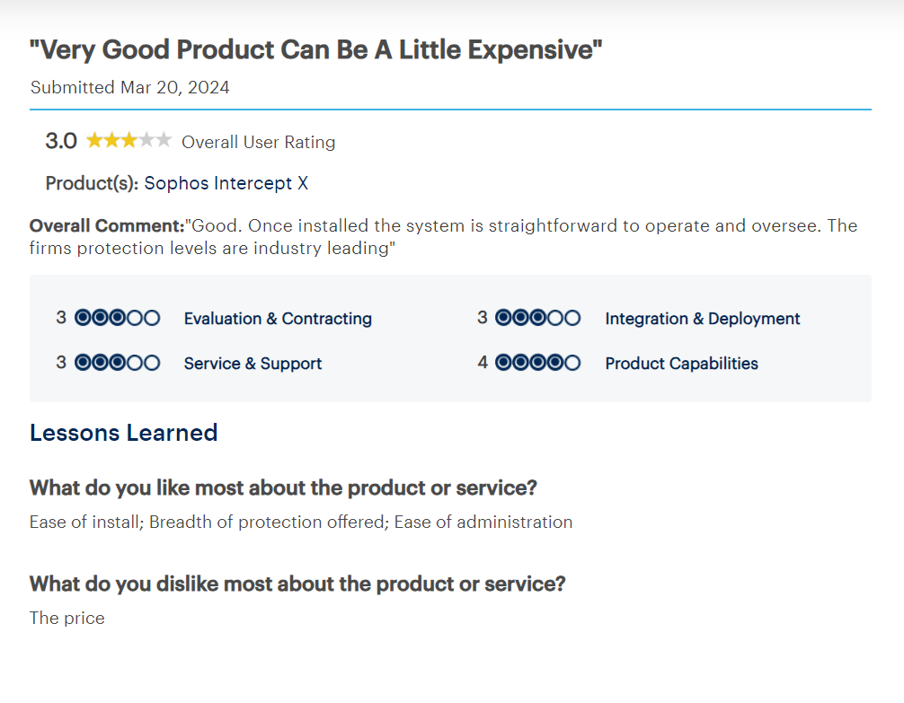 A review of Sophos from Gartner which is one of the DLP software. The negative review number 2 is about its effective product and expensive prices. 