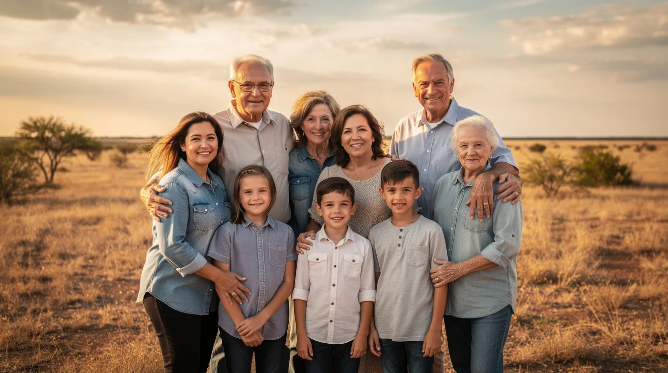 The image depicts a multi-generational family standing together outdoors in a picturesque Texas landscape, surrounded by open fields. This scene highlights the importance of family connections in the context of Texas law, particularly regarding spousal inheritance rights and community property distribution.