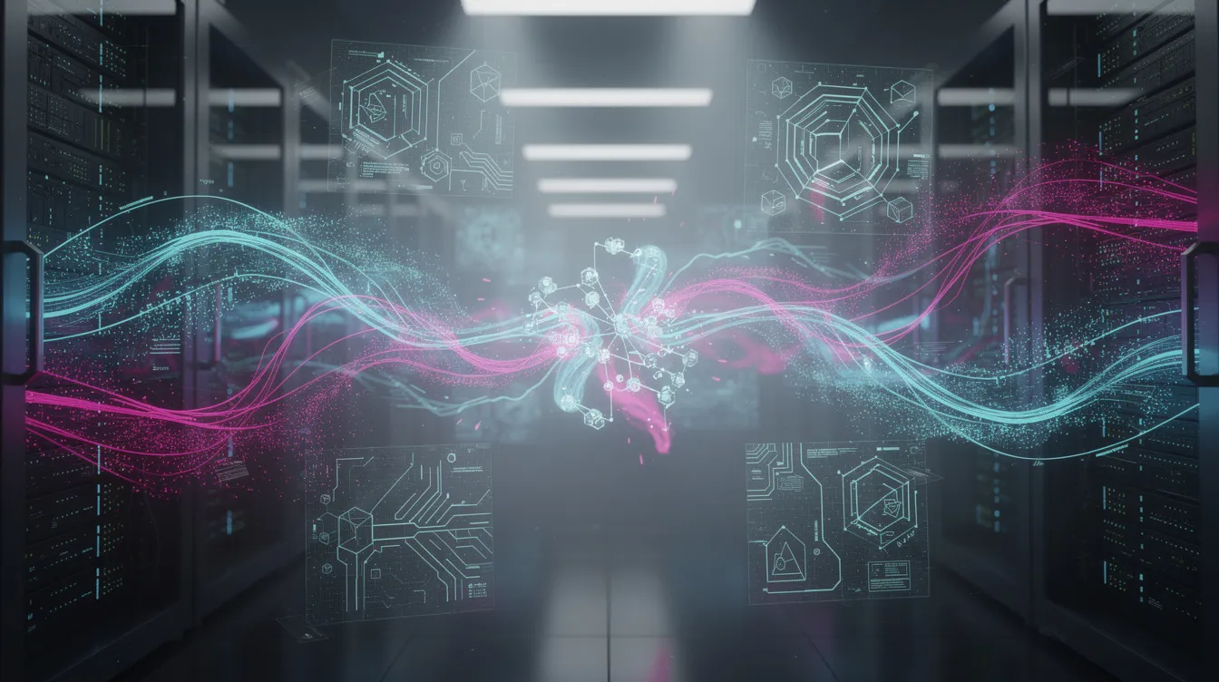 An abstract visualization depicts data flowing through computer servers, illustrating the complexities of processing algorithms related to market sentiment and trading. The image conveys themes of market volatility and technical analysis, symbolizing the intricate relationship between trading volume, candlestick patterns, and overall market momentum.