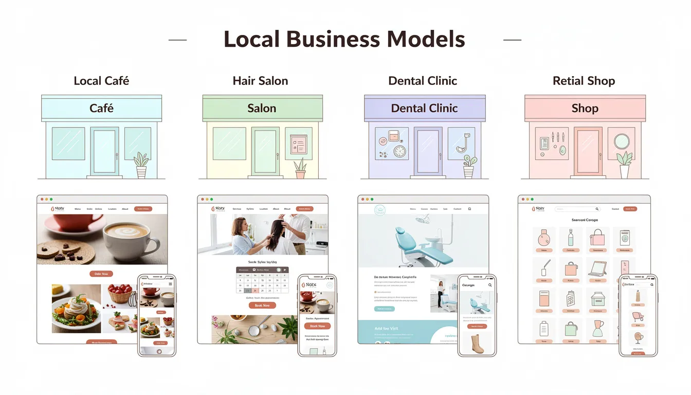 La imagen muestra una comparación de diferentes modelos de negocios locales y sus estructuras de sitio web, destacando elementos clave como la optimización SEO local, la arquitectura web y la importancia de palabras clave locales para mejorar la visibilidad en los resultados de búsqueda. Se ilustran ejemplos de cómo cada tipo de negocio puede beneficiarse de una estrategia de SEO local adaptada a su área y clientes potenciales.