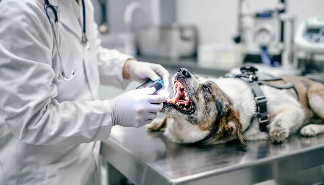 A veterinarian is examining a dog