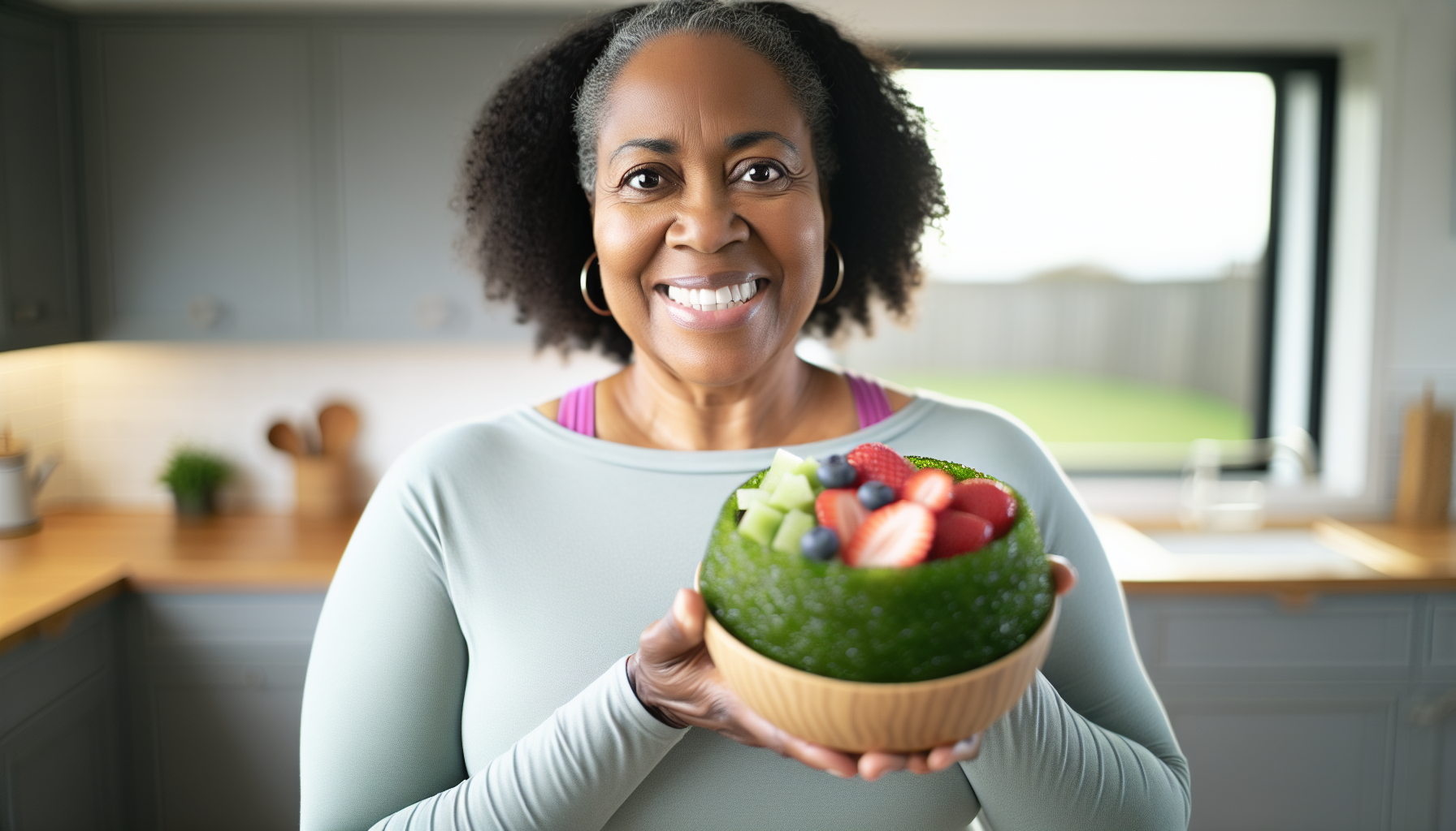 A woman holding a bowl of sea moss gel with fresh fruits and nuts