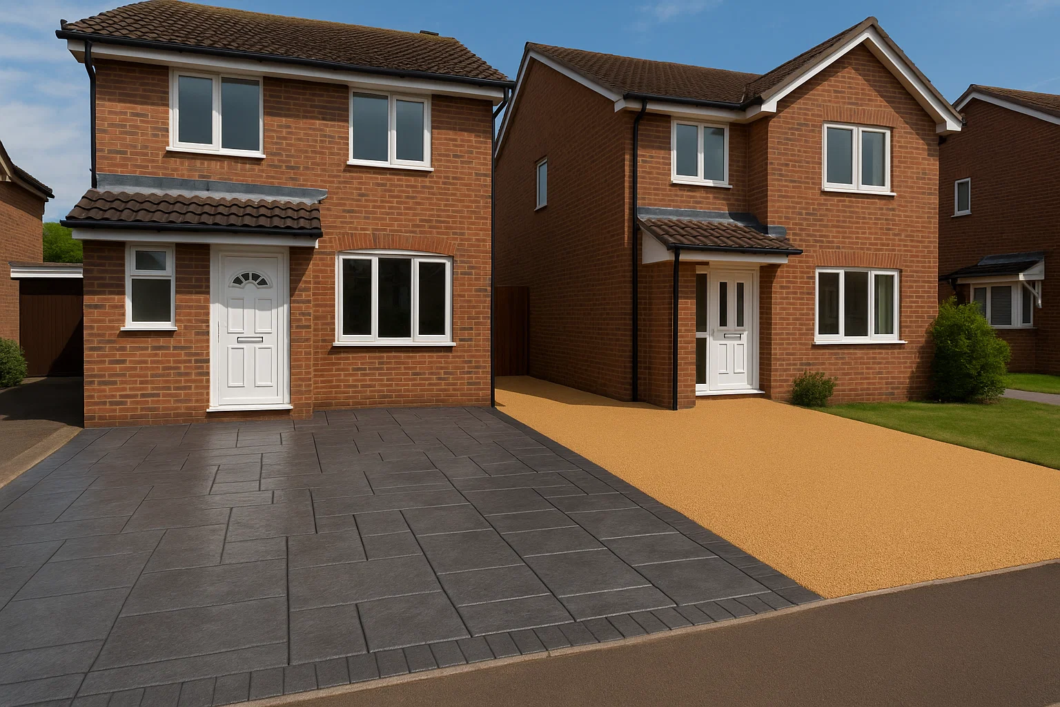 Two homes showing different driveway types: imprinted concrete and resin bound.