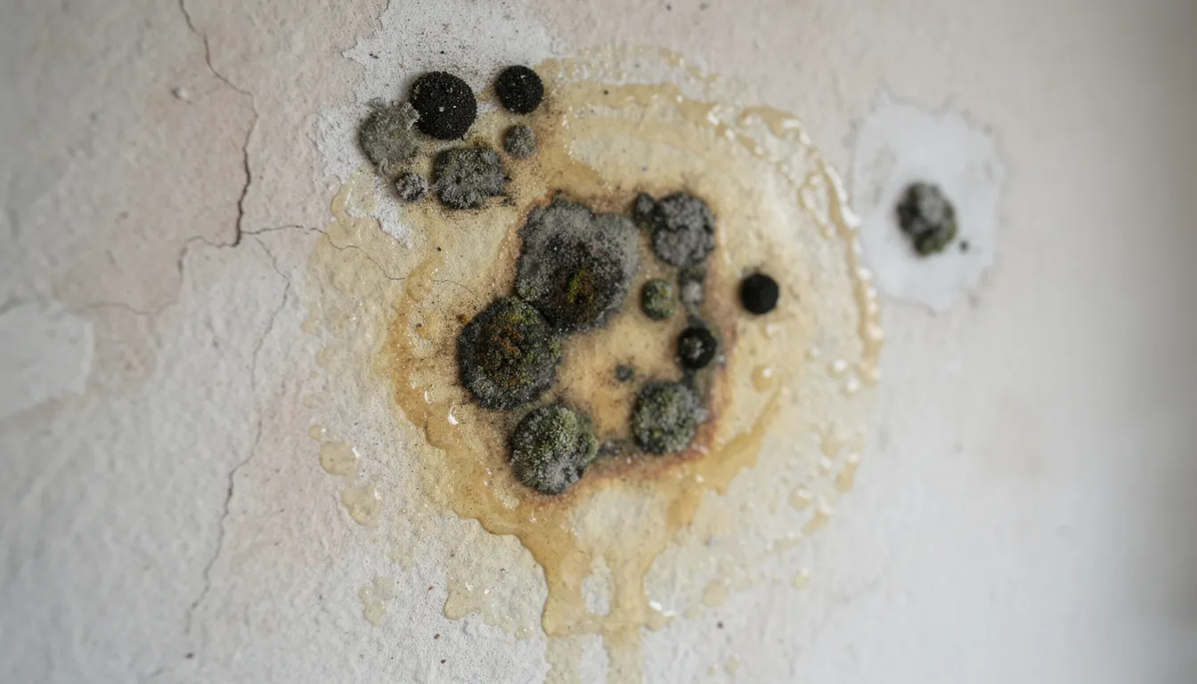A close-up view of dark mold patches, likely black mold, is visible on damp drywall near a water stain, indicating potential mold growth due to moisture problems. This indoor mold can release mold spores and microbial volatile organic compounds, posing health risks such as allergic reactions and asthma symptoms.