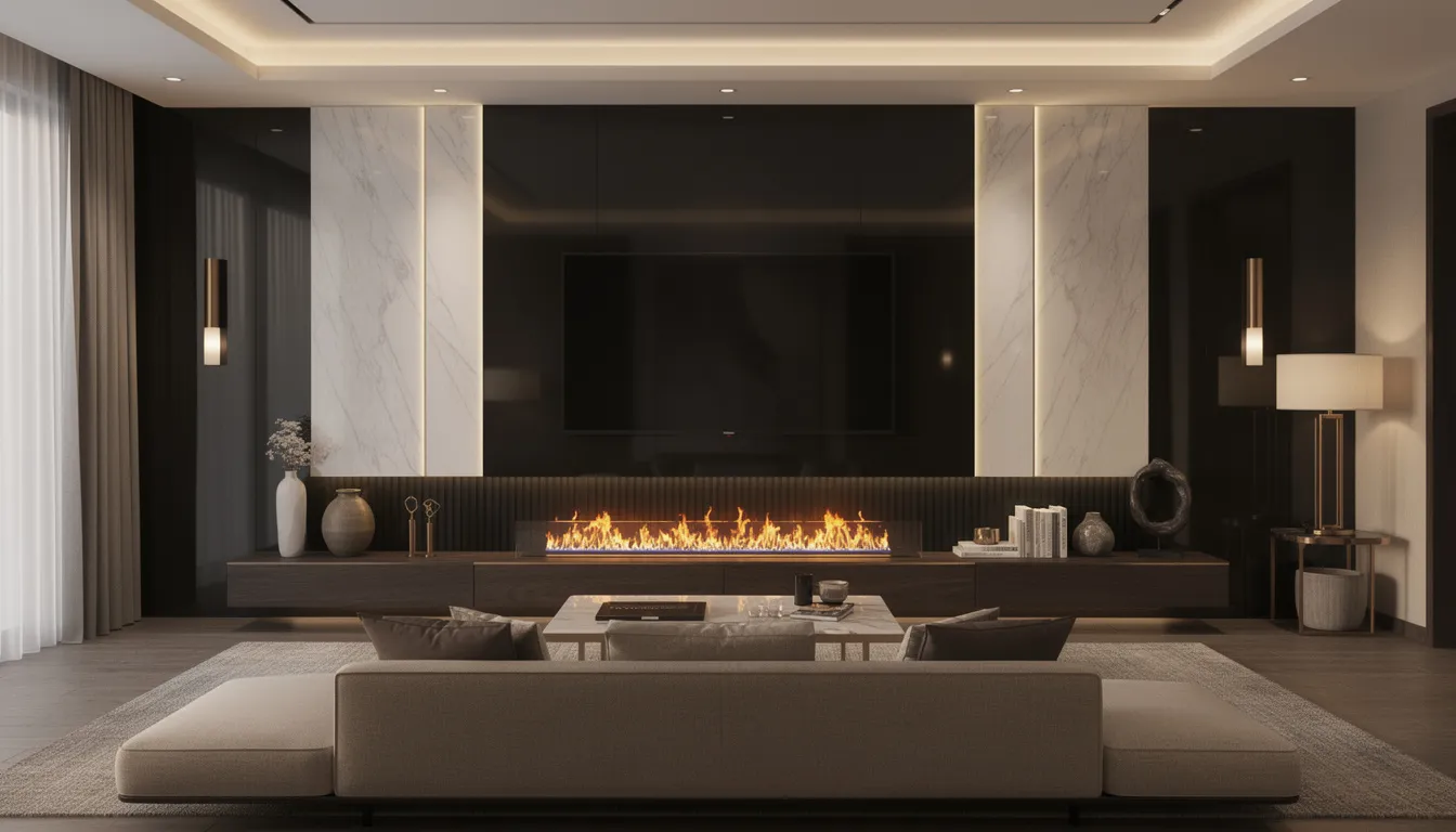 Een luxe woonkamer in hotel chic stijl met een donkere cinewall, afgewerkt met marmerlook panelen en een elektrische haard, creëert een elegante uitstraling en een perfecte ambiance voor ontspanning. De strakke lijnen en naadloze afwerking zorgen voor een opgeruimde uitstraling, terwijl de haard extra sfeer toevoegt aan de ruimte.