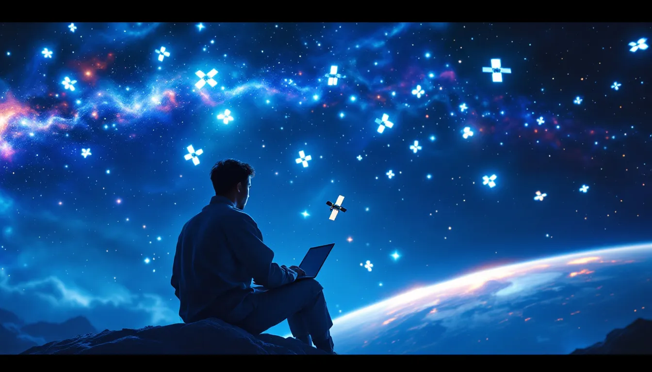 Przykład użytkownika korzystającego z internetu Starlink w plenerze.