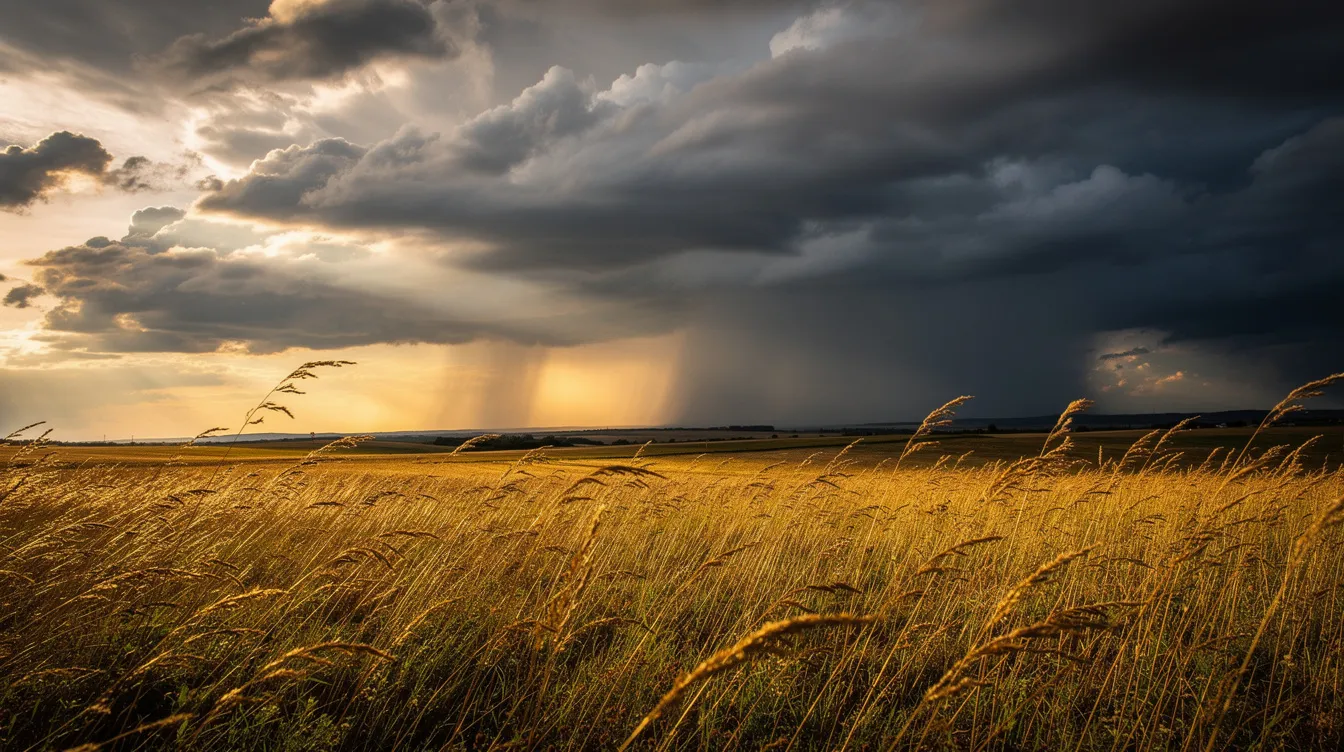 The image depicts dramatic sunlight breaking through storm clouds over an open field, symbolizing the transition from darkness into God's marvelous light. This scene reflects the beauty of God's creation, reminding us of our identity as a holy nation and God's special possession, called to glorify Him in all the earth.