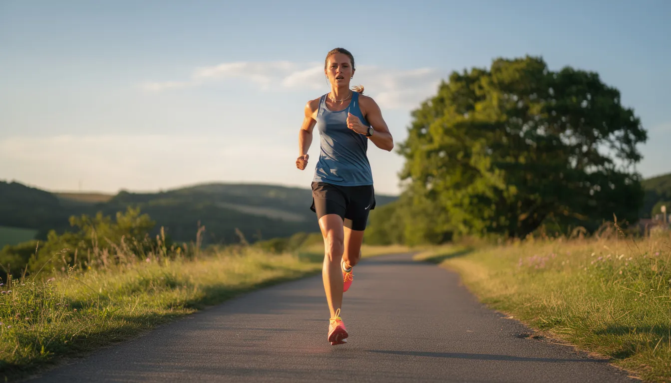 A person is jogging confidently along a scenic outdoor path, showcasing the benefits of maintaining optimal pelvic health through physical activity. This image emphasizes the importance of pelvic floor strength and overall well-being, highlighting how regular exercise can support pelvic floor function and alleviate common pelvic floor issues.