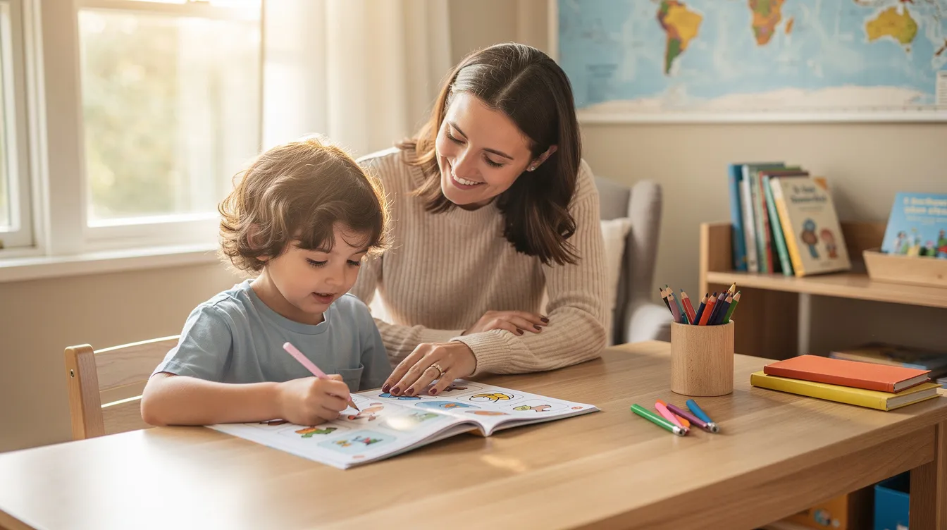 A child is sitting at a desk, engaged in a learning activity with the support of a parent nearby in a brightly lit room. This scene reflects the importance of early intervention services for children with developmental needs, fostering academic skills and social skills through everyday learning experiences.