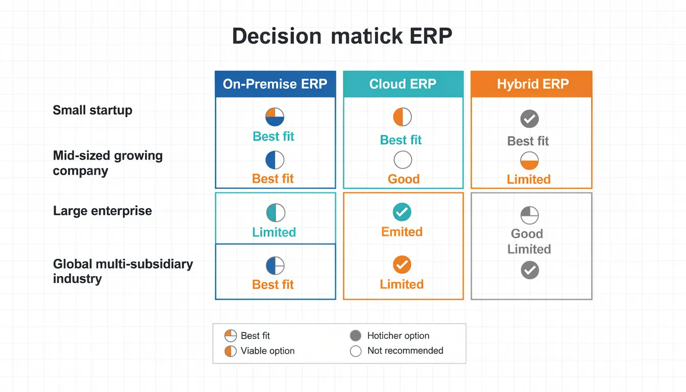The image displays a decision matrix that compares various ERP provider types tailored for different business scenarios, highlighting key features of ERP software solutions. It illustrates how these systems can enhance business operations, streamline processes, and improve financial management across multiple industries.