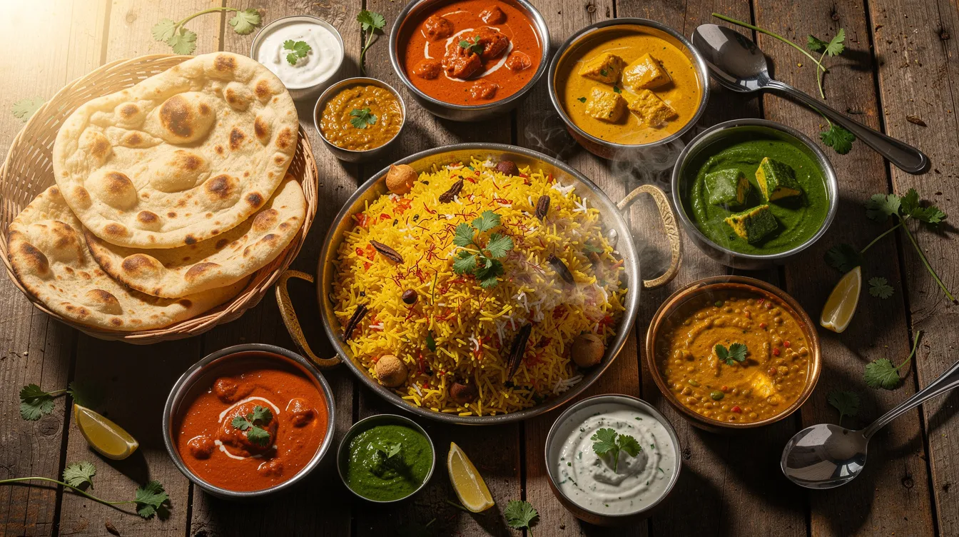 A vibrant array of Indian dishes is beautifully arranged on a wooden table, featuring aromatic biryani, fluffy naan bread, and rich curry bowls, all enhanced with colorful spices and fresh produce. This delightful spread showcases the essence of Indian cuisine, inviting you to explore its diverse flavors and textures.