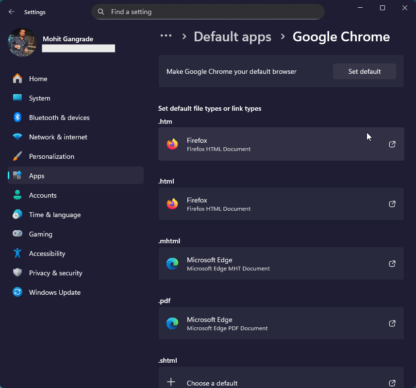 Click the Set default button to set Chrome as the default browser