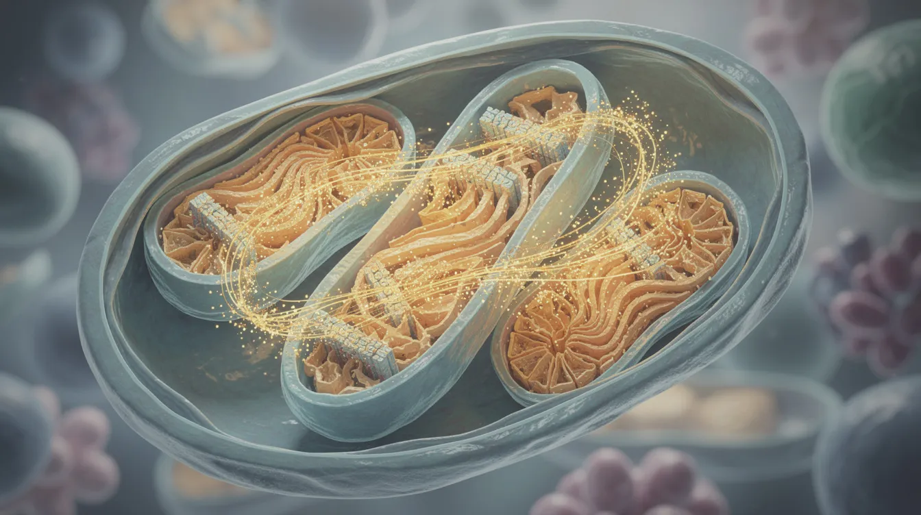 The image depicts mitochondria within a cell, showcasing energy particles flowing through membrane structures, highlighting their crucial role in energy metabolism and ATP production. This visual emphasizes the importance of mitochondrial function in maintaining healthy aging and combating age-related diseases through effective metabolic processes.