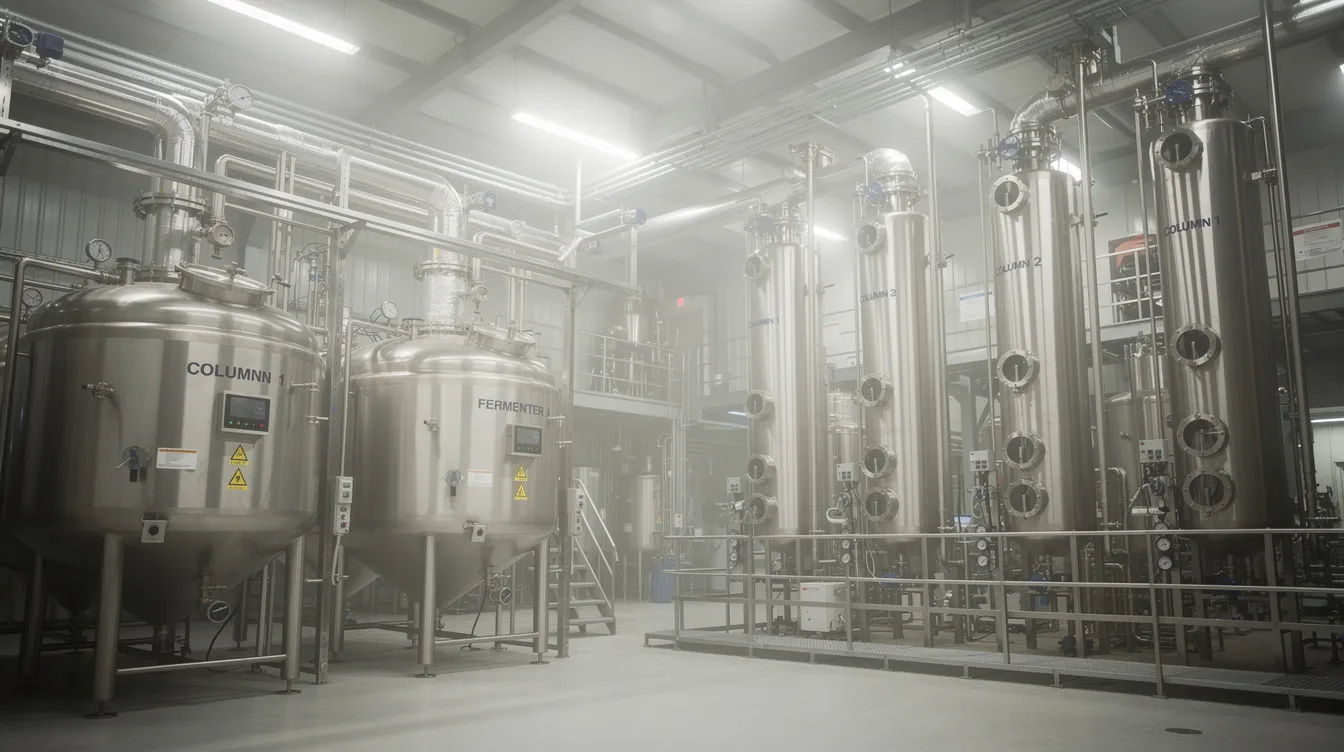 24d76c44 5f1d 41e1 8969 45add1a14445 The image depicts industrial distillation columns and fermentation vessels within a processing plant, essential for ethanol production. This facility highlights the manufacturing process of grain-based ethanol, showcasing the machinery involved in converting raw materials like maize and sorghum into renewable biofuels.