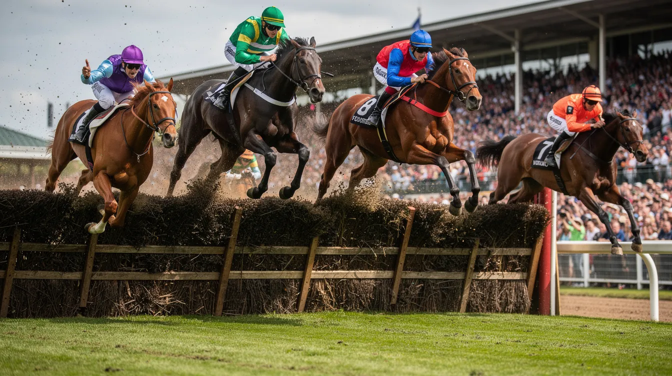 An action-packed scene captures several horses racing over fences during a competitive jump racing event, reminiscent of the grand national course. The image showcases the intensity of the race, highlighting the skill of the jockeys and the athleticism of the horses as they navigate the obstacles in pursuit of victory.
