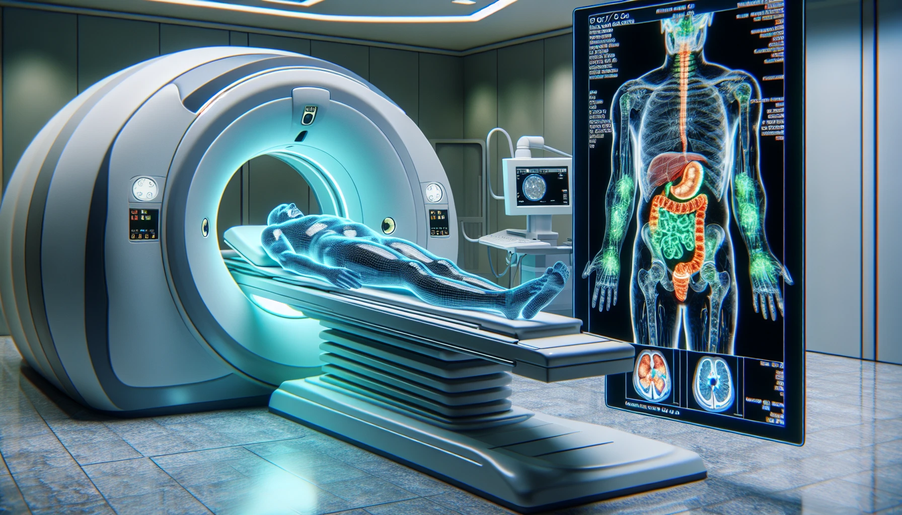 An illustration of a PET/CT scan showing the staging of colorectal cancer