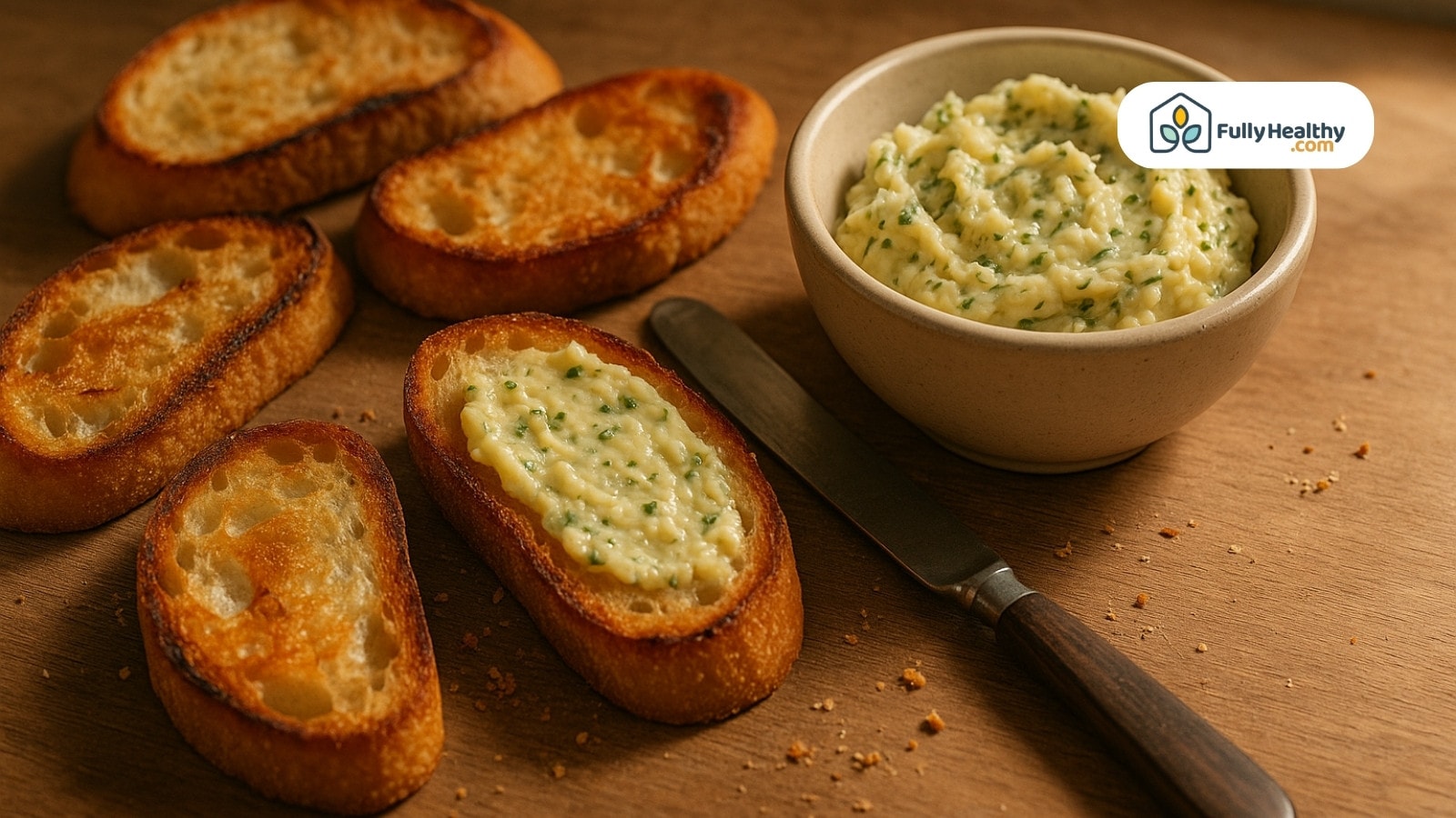 Garlic butter spread on toasted bread slices with knife and bowl