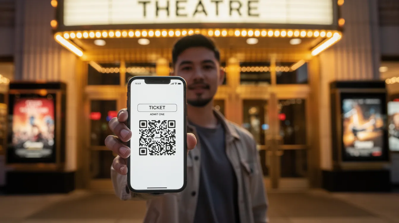 A person stands in front of a theatre entrance, holding a smartphone that displays a QR code, which can be used for ticket sales to an upcoming dance show. The scene captures the excitement of attending a performing arts event, highlighting the modern convenience of selling tickets online.