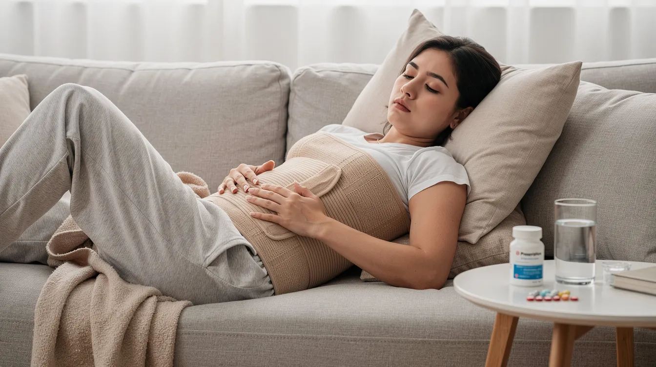 A person is resting on a couch, wearing a post-surgical compression garment around their midsection, which helps reduce fluid accumulation and supports recovery after a liposuction procedure. The compression garment is essential for minimizing seroma formation and promoting proper wound healing at the surgical site.