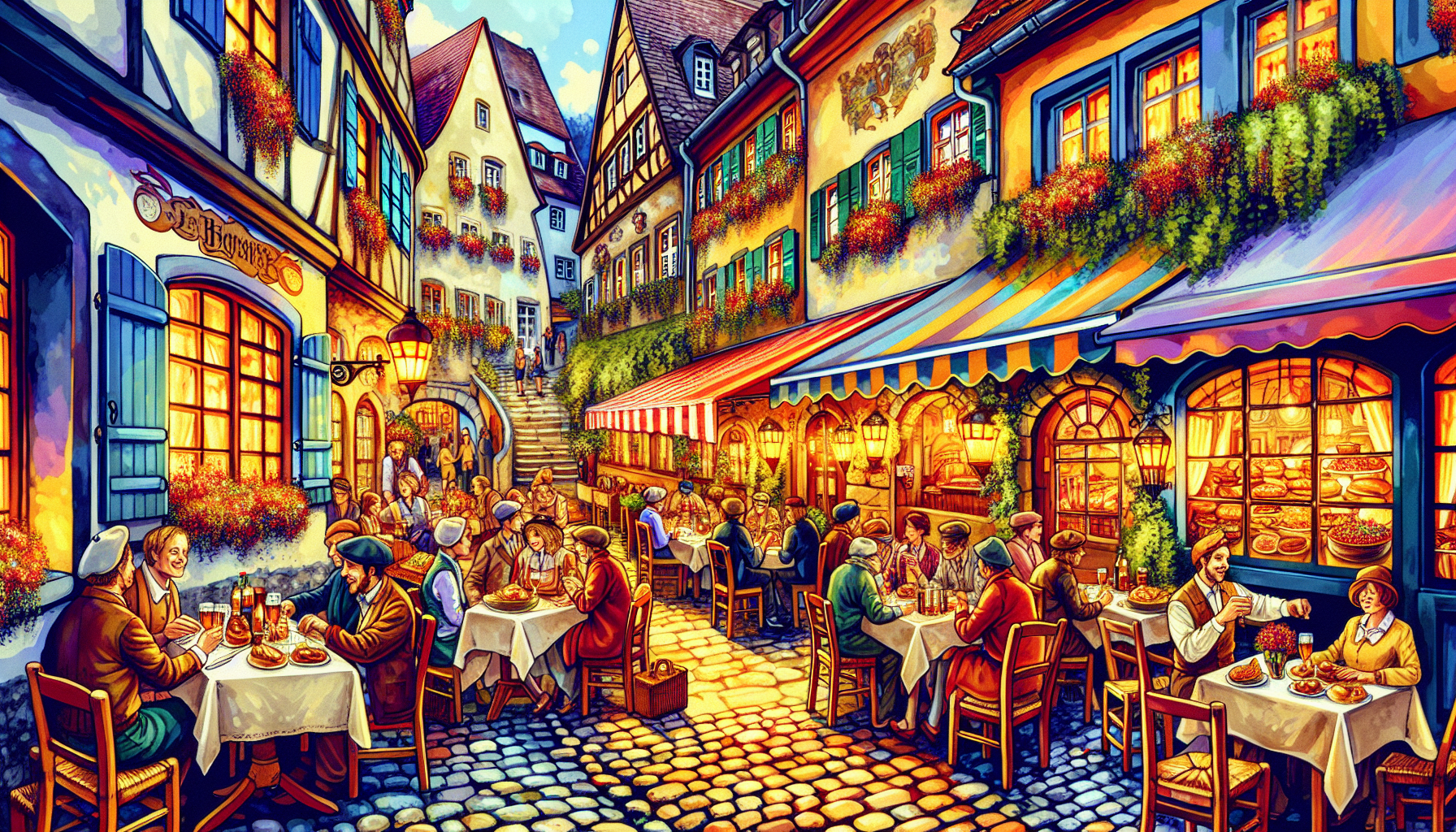 An illustration of dining destinations in Rothenburg ob der Tauber, featuring traditional cuisine.