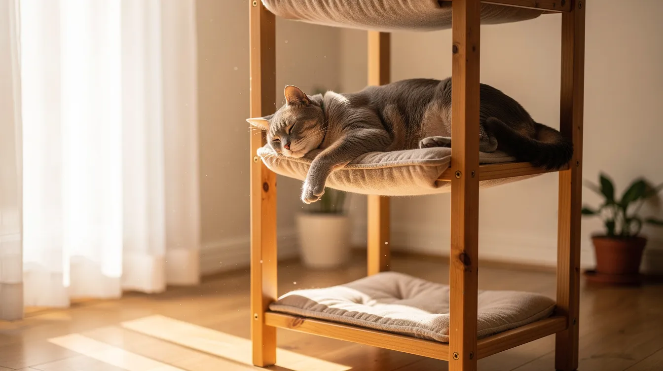 A relaxed cat is lounging comfortably on a tall wooden cat tree near a bright window, enjoying the warmth of the sunlight while observing the outside world. This sturdy cat tower provides a perfect perch for the cat to nap and watch birds, adding to its happiness and comfort in the home.