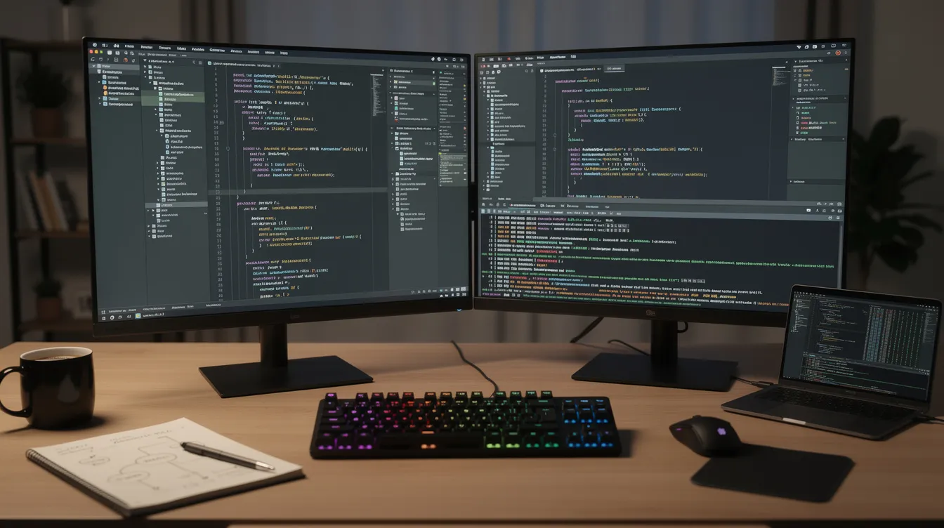 The image depicts a developer's workspace featuring multiple code editor windows displaying various programming languages, alongside a terminal interface for executing commands. This setup showcases the use of advanced AI tools, such as Claude and ChatGPT, for tasks like debugging code and generating text, emphasizing the importance of powerful code capabilities in technical writing and content creation.