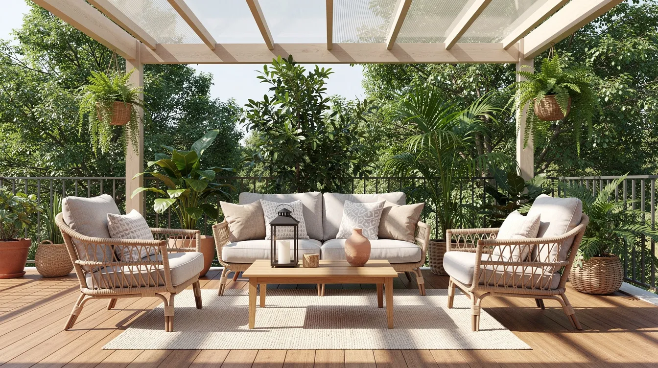 Een overdekt terras met rotan meubels, waaronder een comfortabele rotan stoel met zachte kussens, omringd door groene planten die een tropische sfeer creëren. De warme uitstraling van het vlechtwerk en de natuurlijke kleuren van het rotan geven het geheel een uitnodigende ambiance.