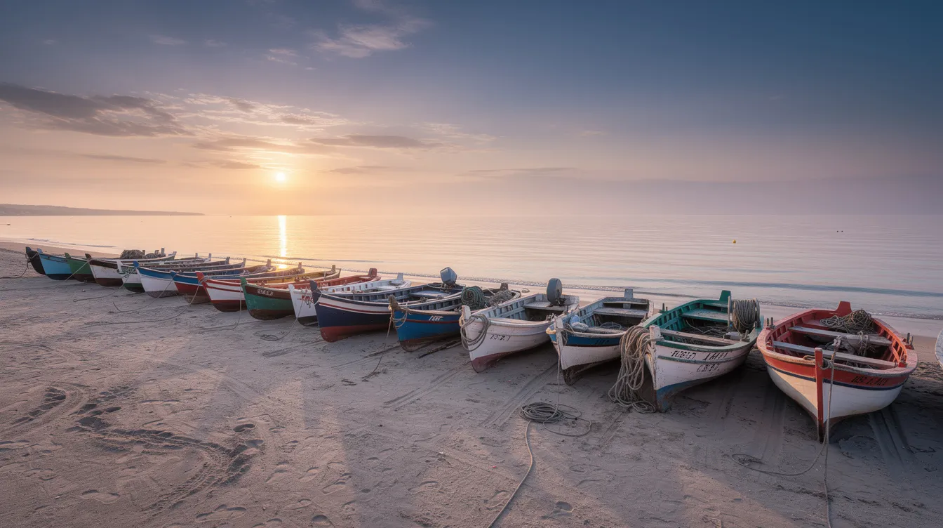 24e403d4 82d1 47e4 8763 c7bbcae3be55 The image depicts fishing boats neatly lined up on a sandy coastline at sunrise, with calm ocean waters reflecting the soft morning light. This serene scene highlights the rich cultural heritage of coastal communities, where fishing can be a profitable business idea, particularly in regions like Odisha.